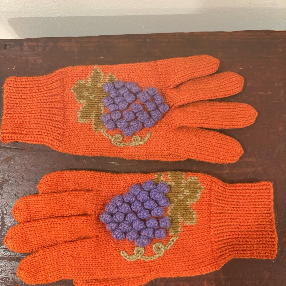 Orange Woolen Knit Gloves with Purple Grape Design